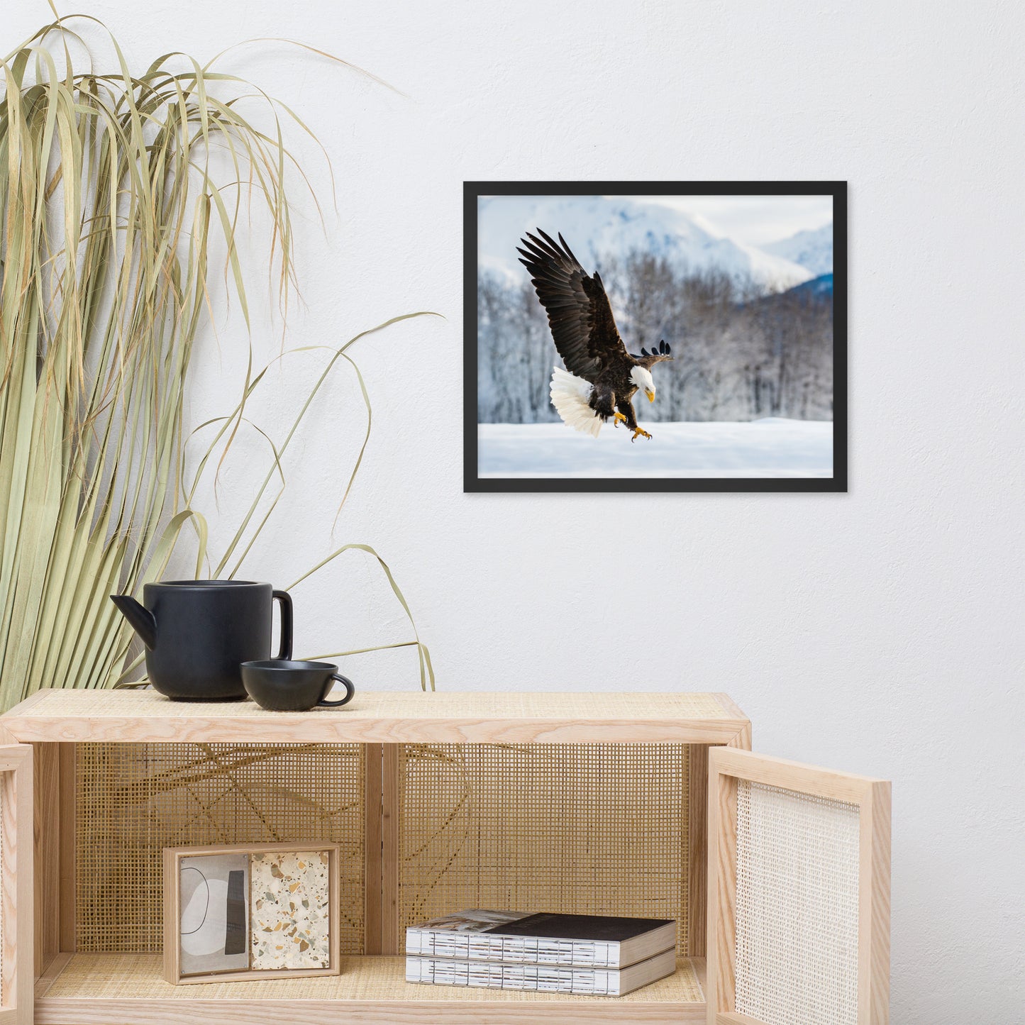 front room art, Adult Bald Eagle and Alaskan Winter Animal Wildlife Photograph Framed Wall Art Print