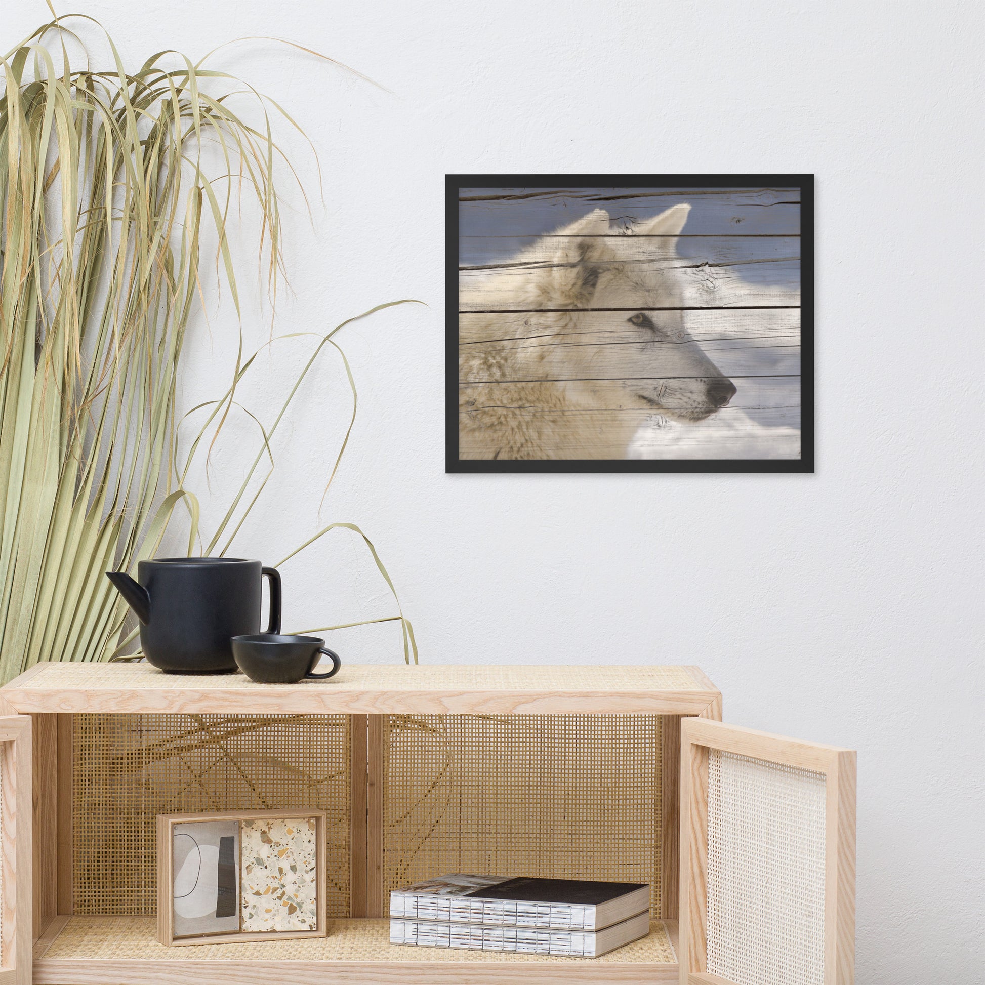 Abstract Office Wall Art: Aries the White Wolf Portrait on Faux Weathered Wood Texture / Animal / Wildlife / Nature Photographic Artwork - Framed Artwork - Wall Decor