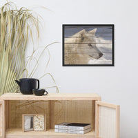 Aries the White Wolf Portrait on Faux Weathered Wood Texture Wildlife Photo Framed Wall Art Print