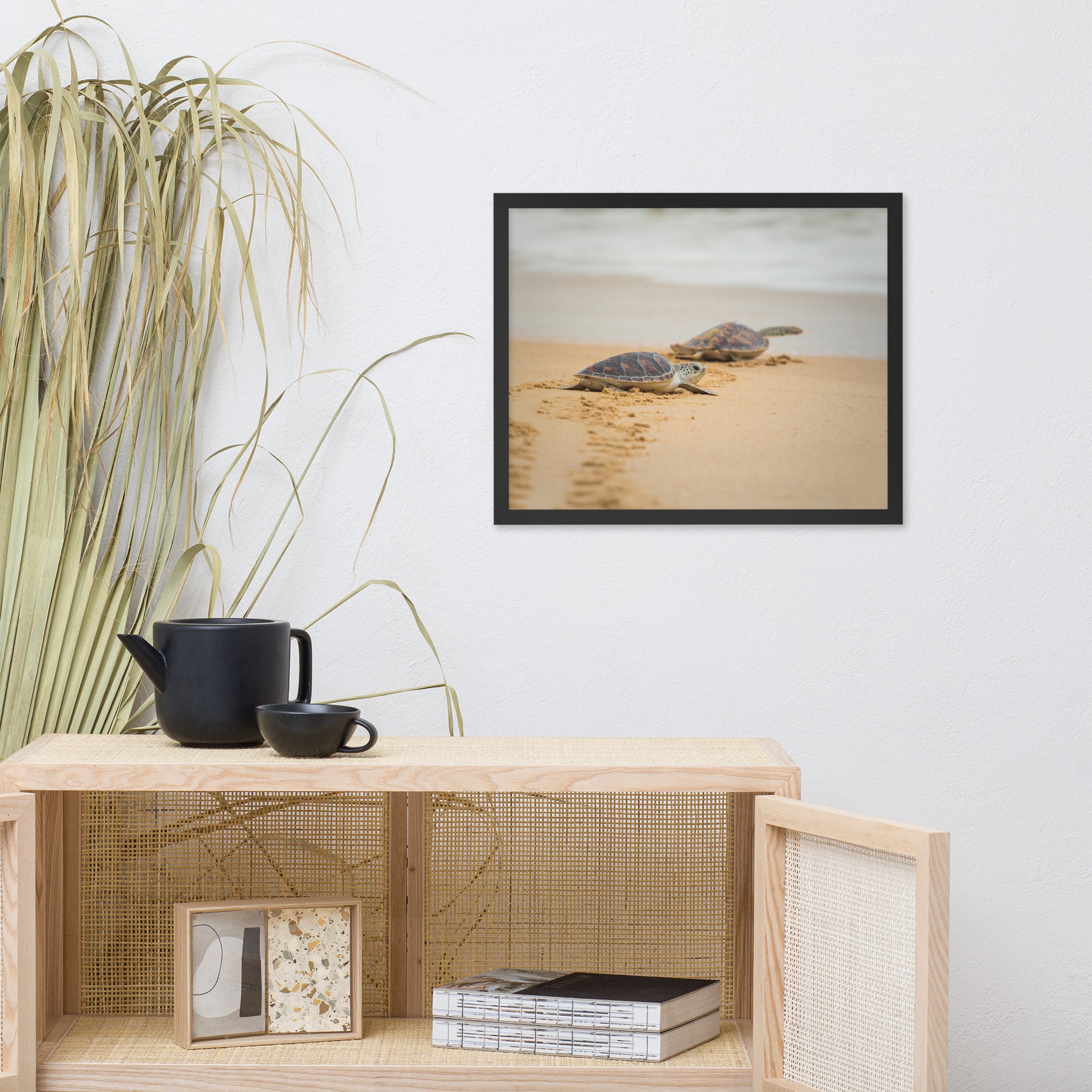 Framed Pictures For Bedroom Walls: Hawksbill Sea Turtle Hatchlings at the Shore / Animal / Wildlife / Nature Photographic Artwork - Framed Artwork - Wall Decor