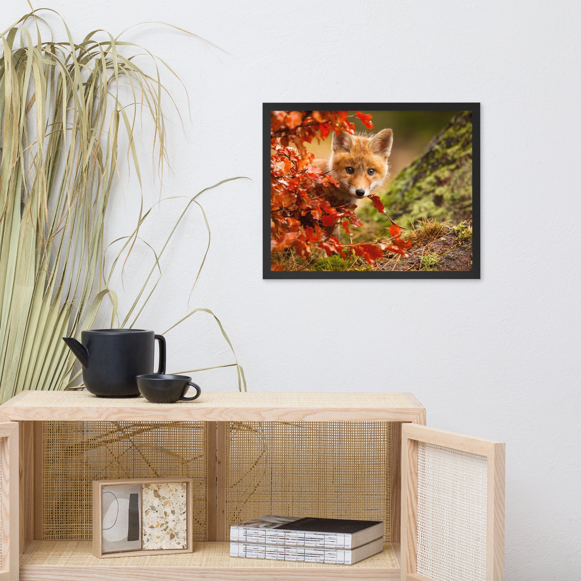 Gender Neutral Wall Decor: Peek-A-Boo Baby Fox Pup And Fall Leaves - Animal / Wildlife / Nature Artwork - Wall Decor - Framed Wall Art Print