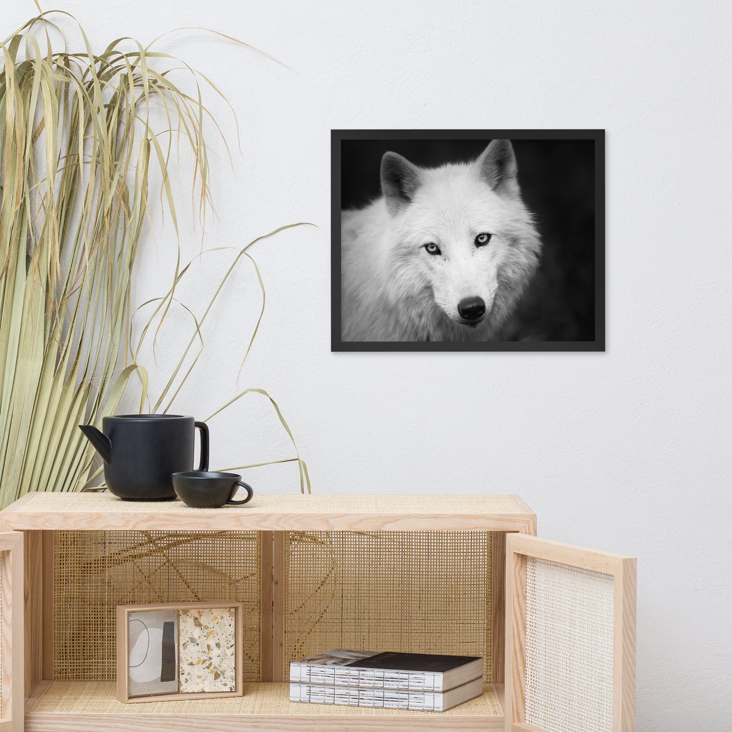 Black and White Portrait of White Wolf In The Forest Animal Wildlife Photograph Framed Wall Art Prints