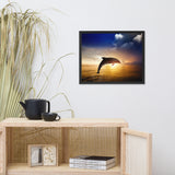 Dramatic Coastal Sunset On The Water With Jumping Bottle Noise Dolphin Animal Wildlife Photograph Framed Wall Art Print