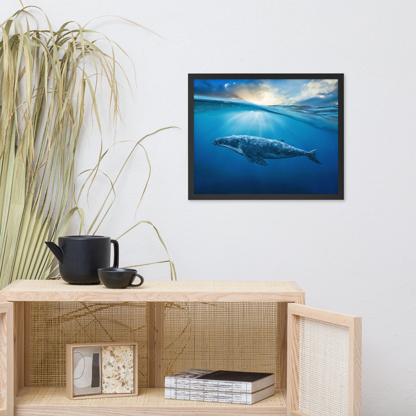 Dreamy Blue Whale Ocean Sunset Glory Rays Animal Wildlife Photograph Framed Wall Art Print