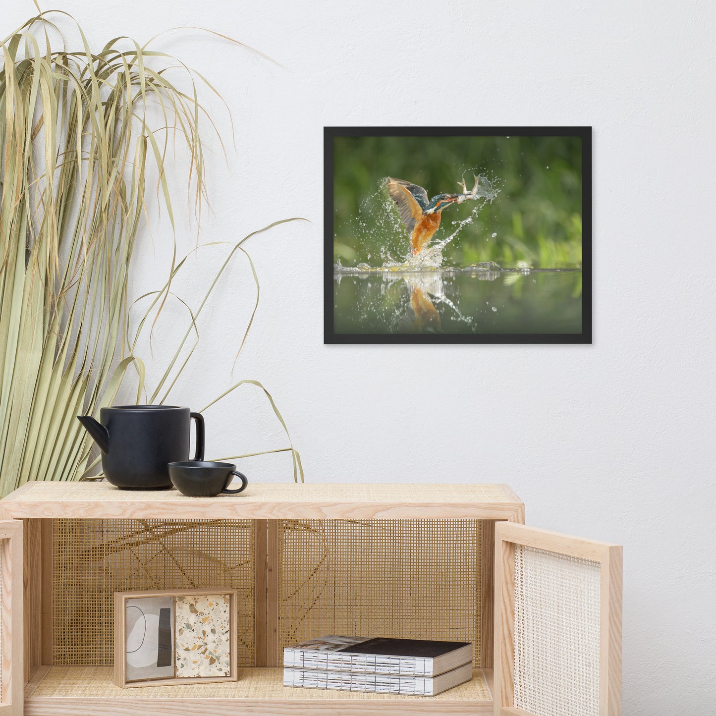 Flying Turquoise Blue and Orange Common Kingfisher Bird With Fish Animal Wildlife Photograph Framed Wall Art Prints
