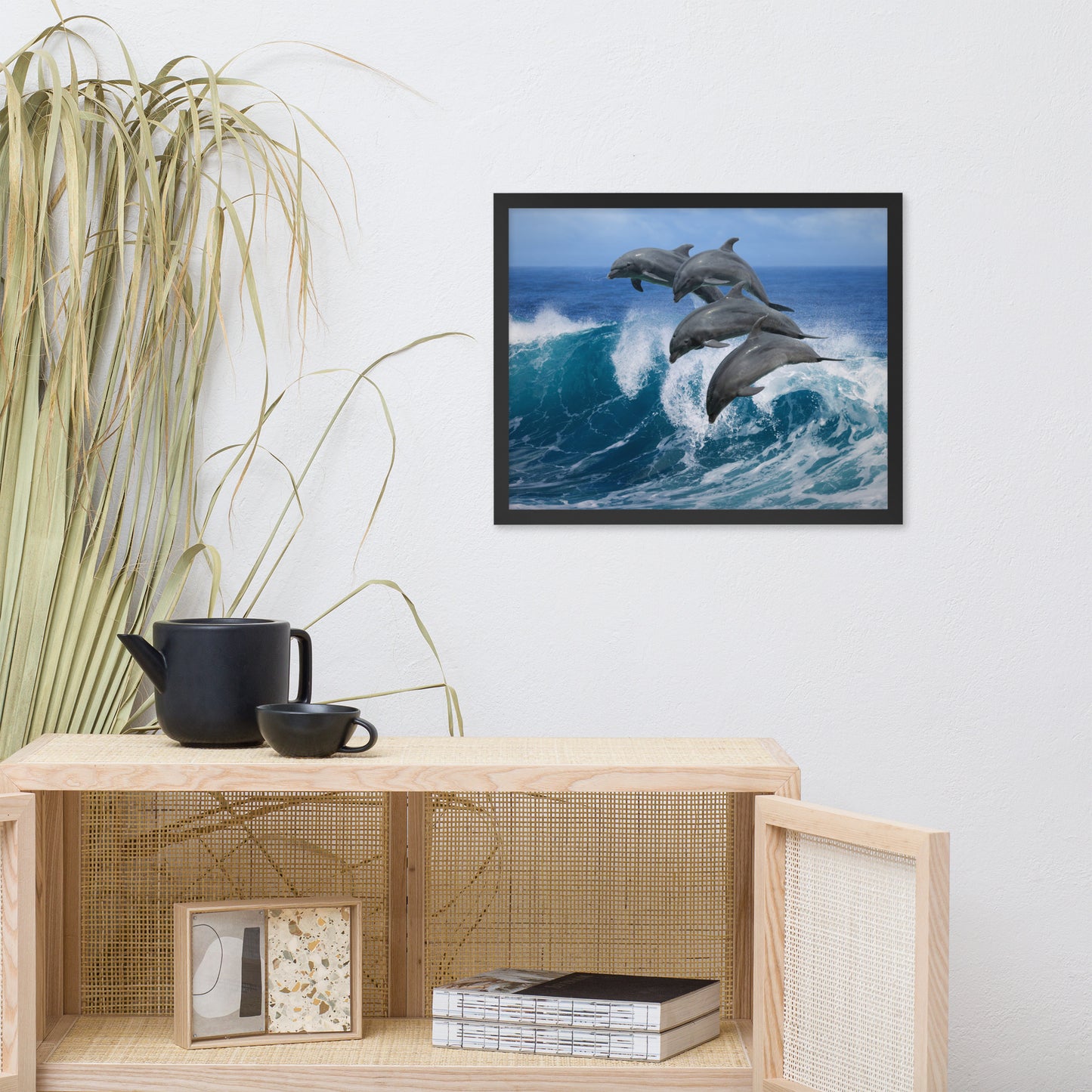 Four Bottle Noise Dolphins Jumping Waves In Tropical Blue Ocean Animal Wildlife Photograph Framed Wall Art Print