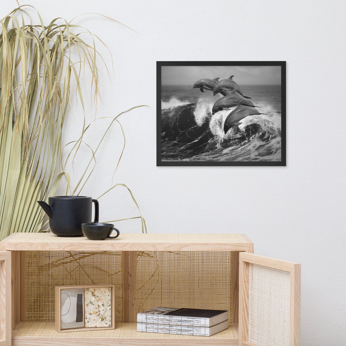 Four Bottle Noise Dolphins Jumping Waves In Tropical Ocean Black and White Animal Wildlife Photograph Framed Wall Art Print