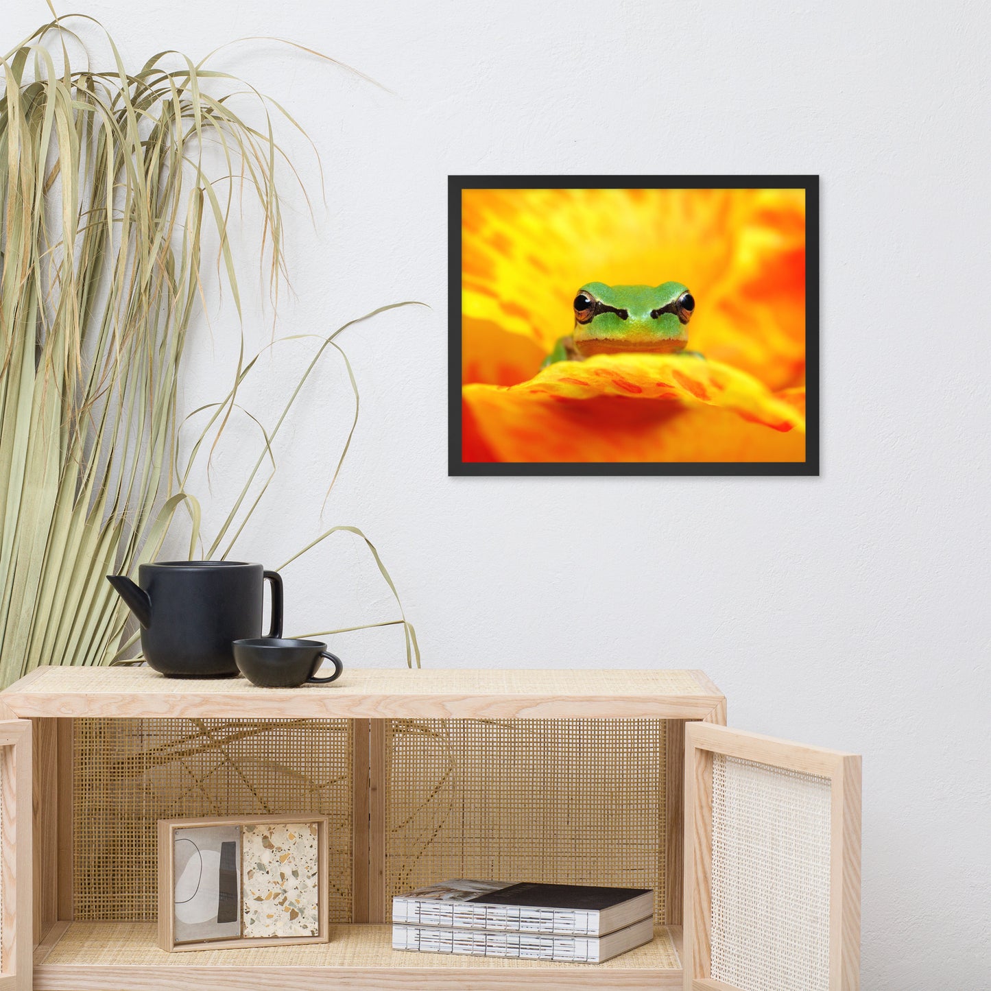 Hyla Green Frog on Yellow and Orange Flower Petals Wildlife Nature Photo Framed Wall Art Print