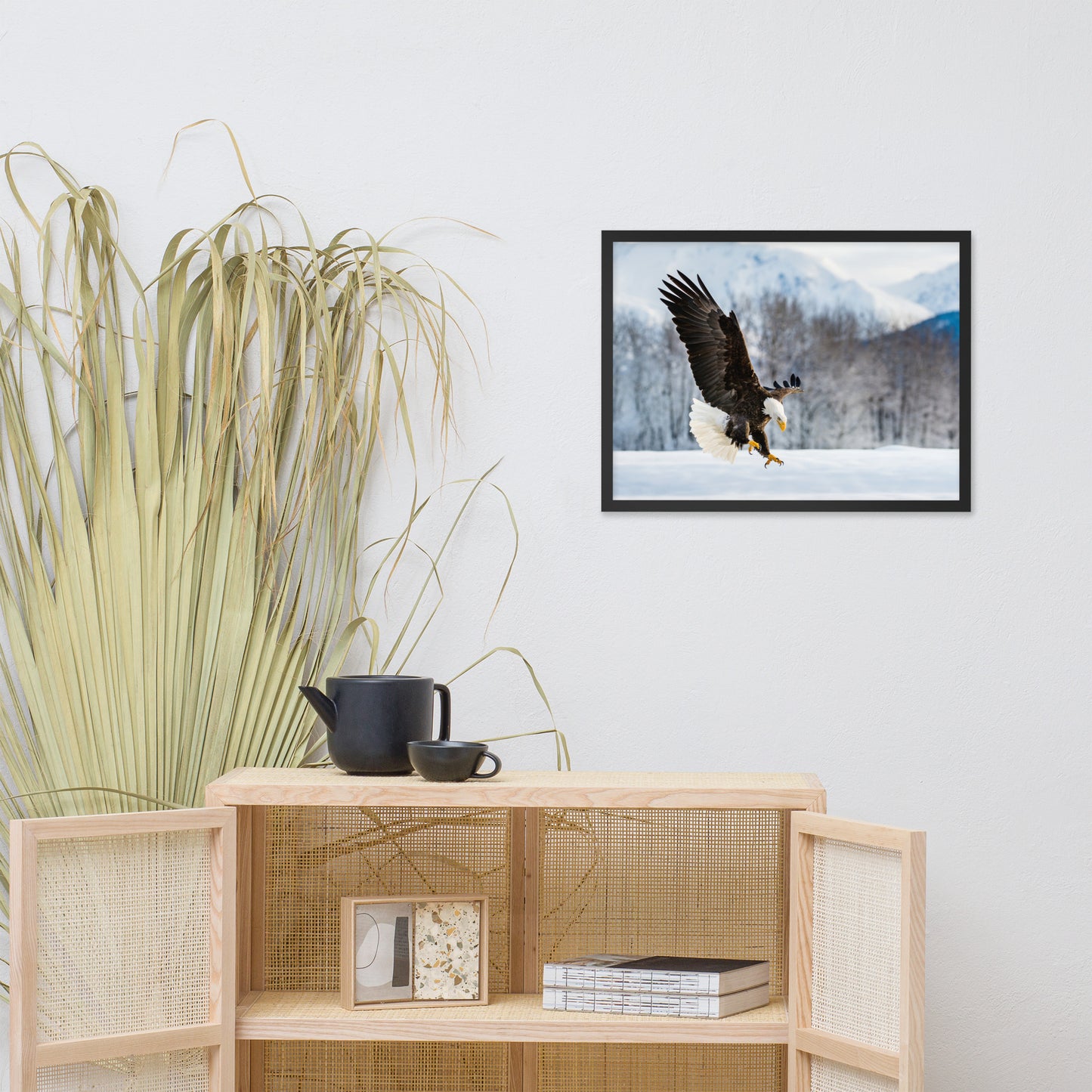 front room prints, Adult Bald Eagle and Alaskan Winter Animal Wildlife Photograph Framed Wall Art Print