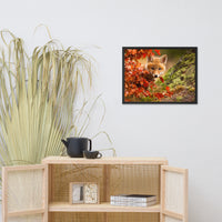 Baby Red Fox Face and Autumn Leaves In Forest Animal Wildlife Nature Photo Framed Wall Art Prints