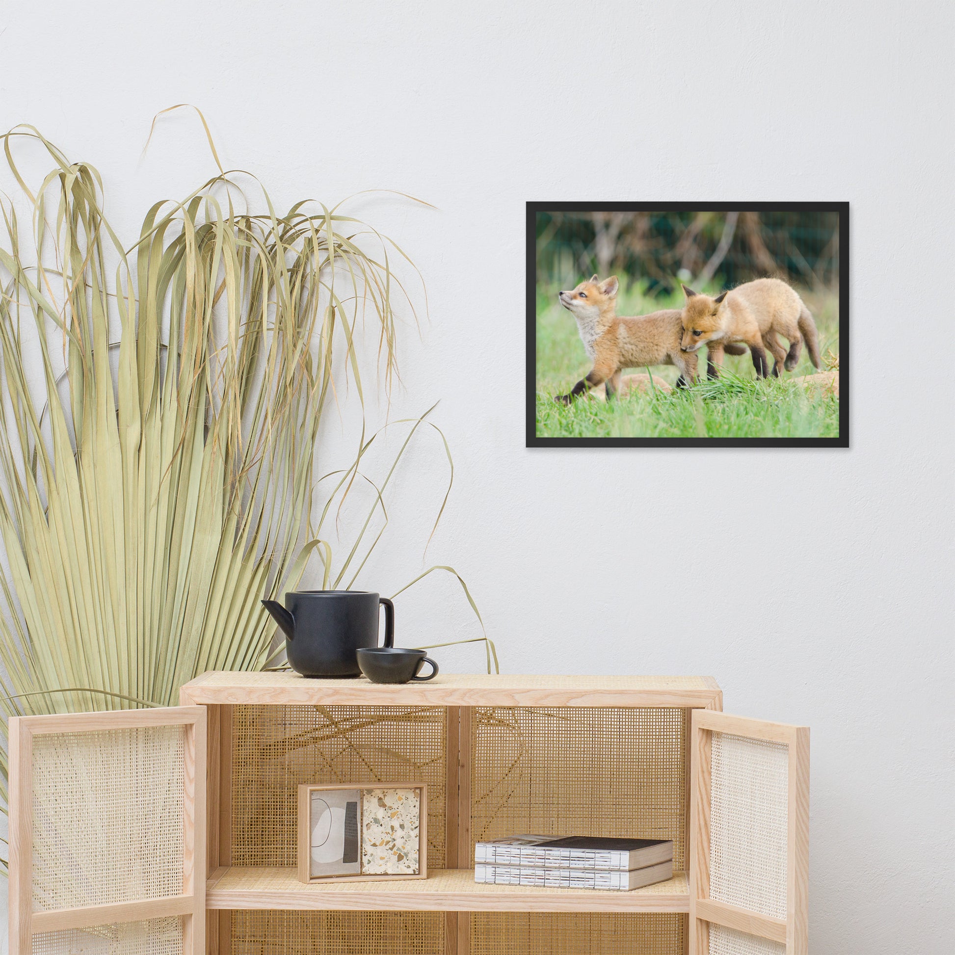 Play Room Prints: Playful Baby Red Fox Pups In Field - Animal / Wildlife / Nature Artwork - Wall Decor - Framed Wall Art Print