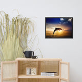 Dramatic Coastal Sunset On The Water With Jumping Bottle Noise Dolphin Animal Wildlife Photograph Framed Wall Art Print