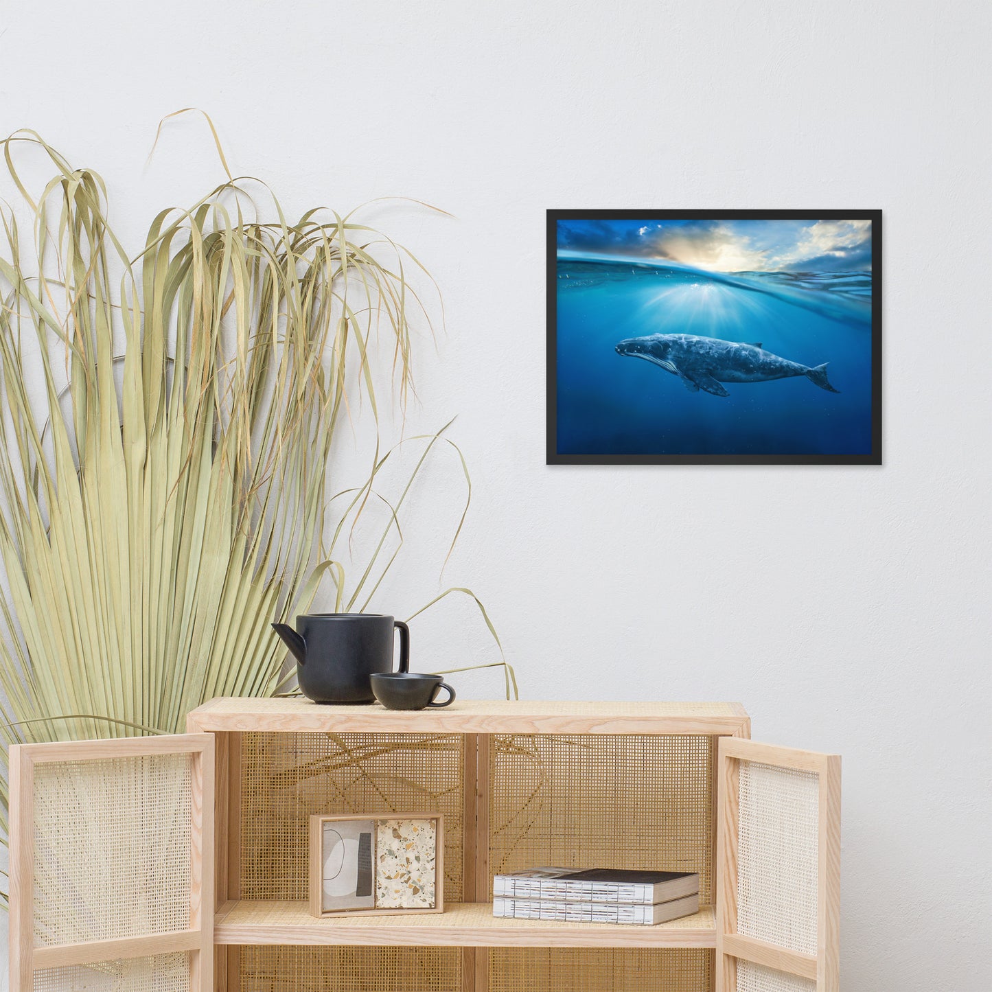 Dreamy Blue Whale Ocean Sunset Glory Rays Animal Wildlife Photograph Framed Wall Art Print