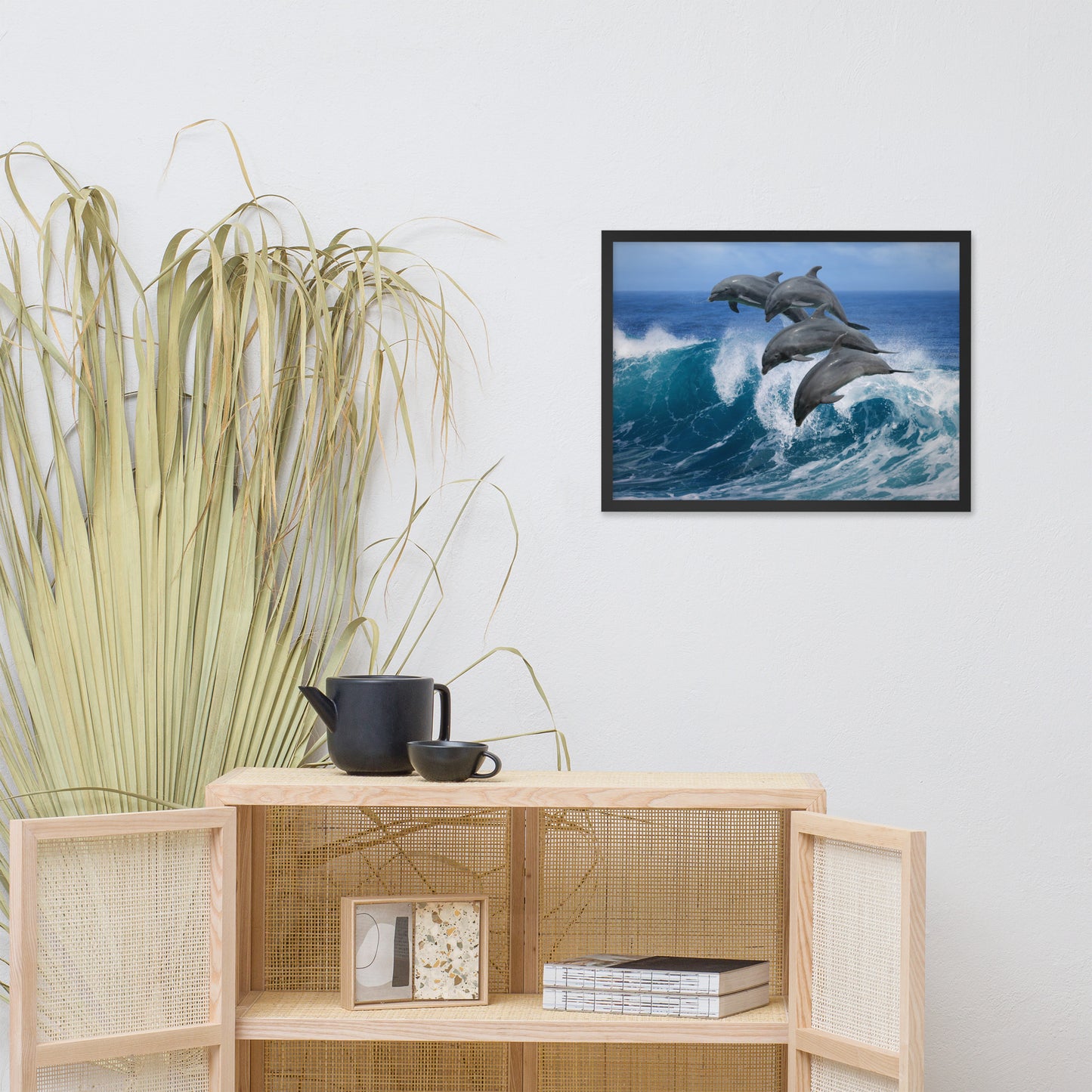 Four Bottle Noise Dolphins Jumping Waves In Tropical Blue Ocean Animal Wildlife Photograph Framed Wall Art Print