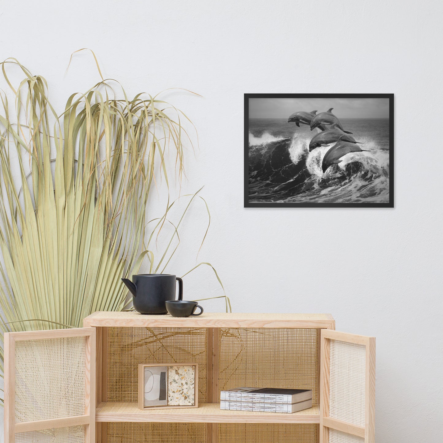 Four Bottle Noise Dolphins Jumping Waves In Tropical Ocean Black and White Animal Wildlife Photograph Framed Wall Art Print