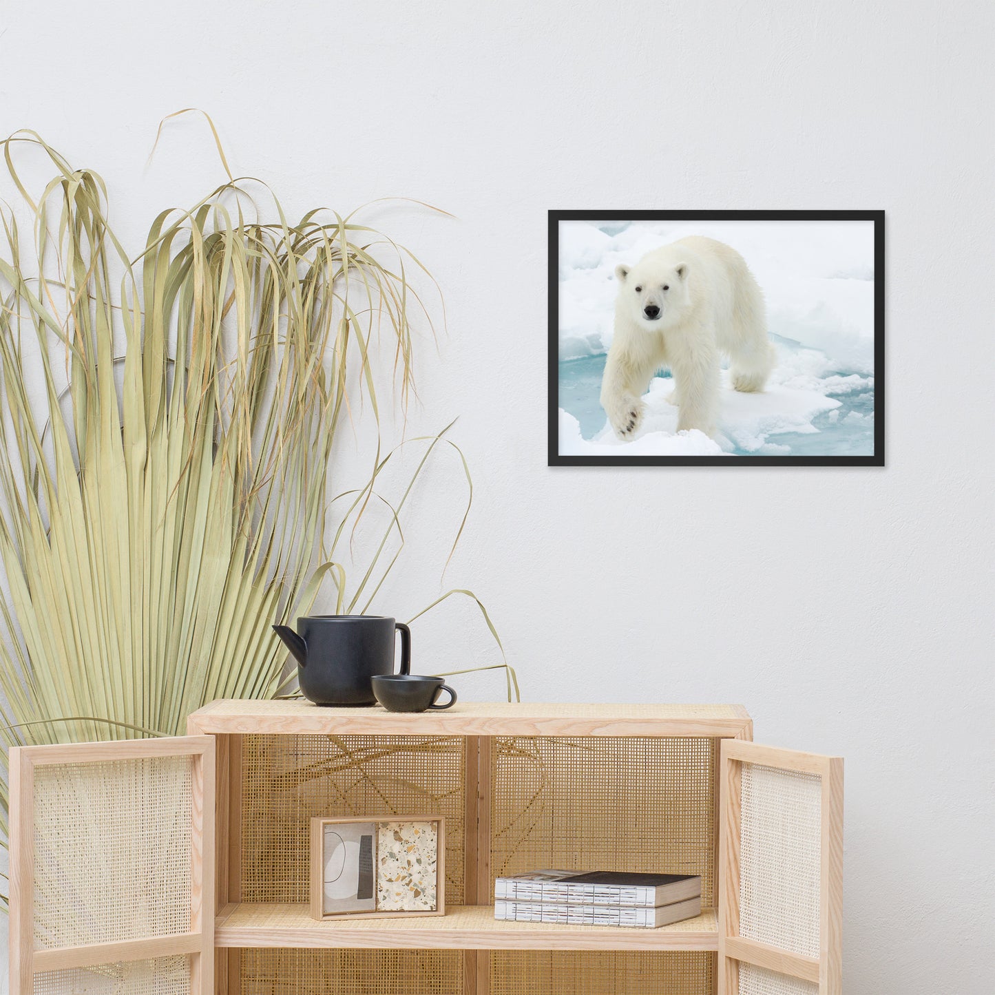 Giant White Polar Bear Walking on Icy Lake Animal Wildlife Photograph Framed Wall Art Prints