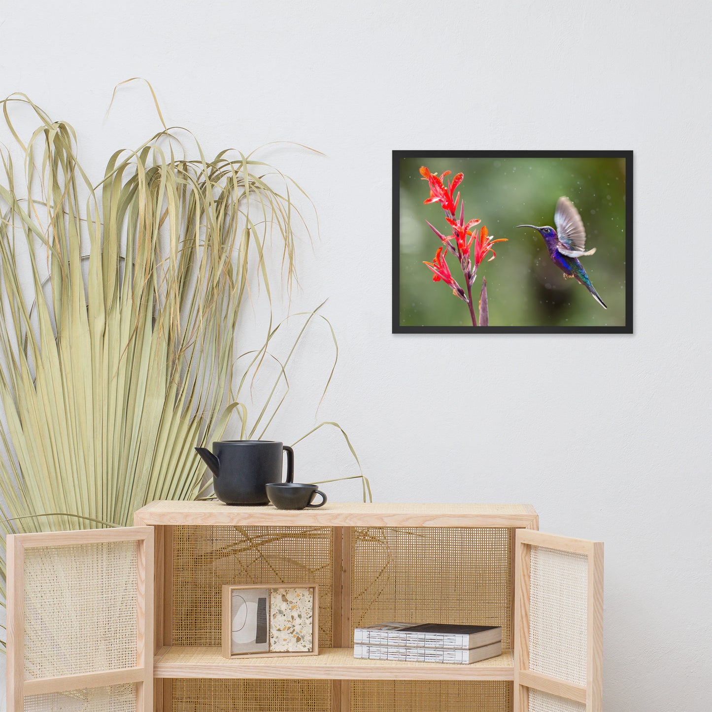 Hummingbird with Little Red Flowers Animal Wildlife Photograph Framed Wall Art Prints