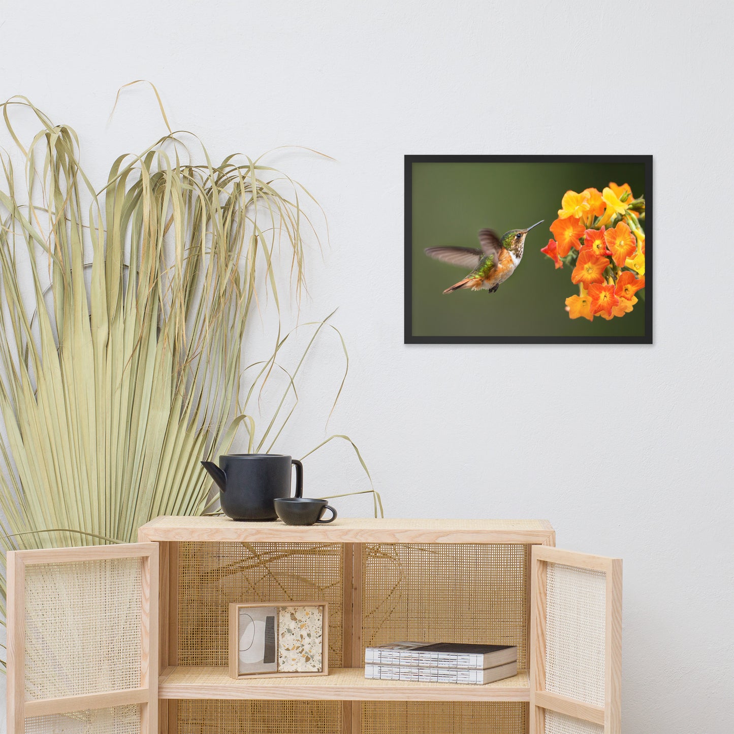 Hummingbird with Little Yellow-Orange Flowers Animal Wildlife Photograph Framed Wall Art Prints