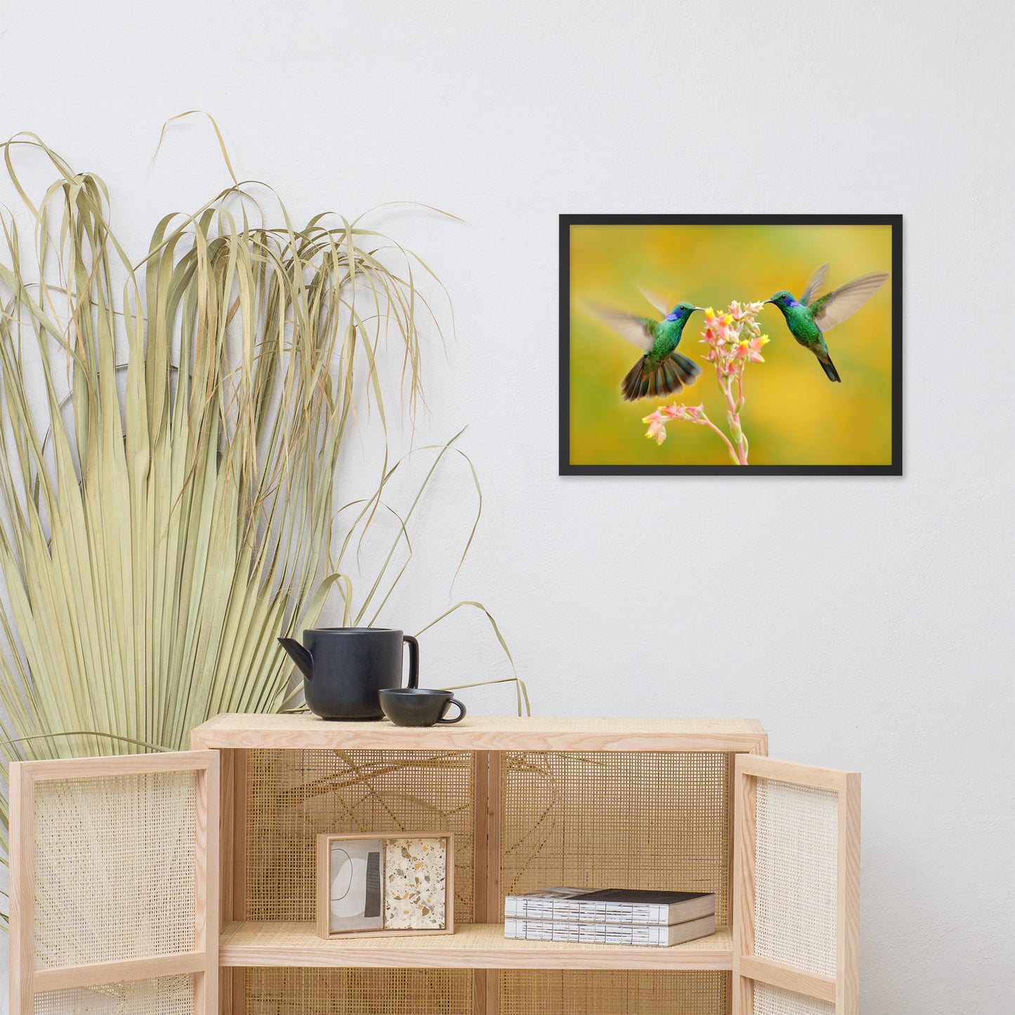 Hummingbirds with Little Pink Flowers Animal Wildlife Photo Framed Wall Art Prints