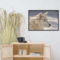 Aries the White Wolf Portrait on Faux Weathered Wood Texture Wildlife Photo Framed Wall Art Print
