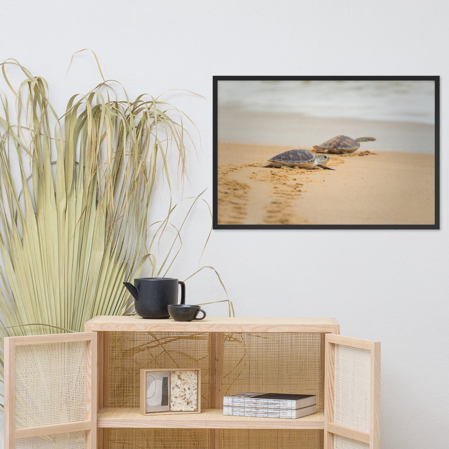 Framed Posters For Bedroom: Hawksbill Sea Turtle Hatchlings at the Shore / Animal / Wildlife / Nature Photographic Artwork - Framed Artwork - Wall Decor