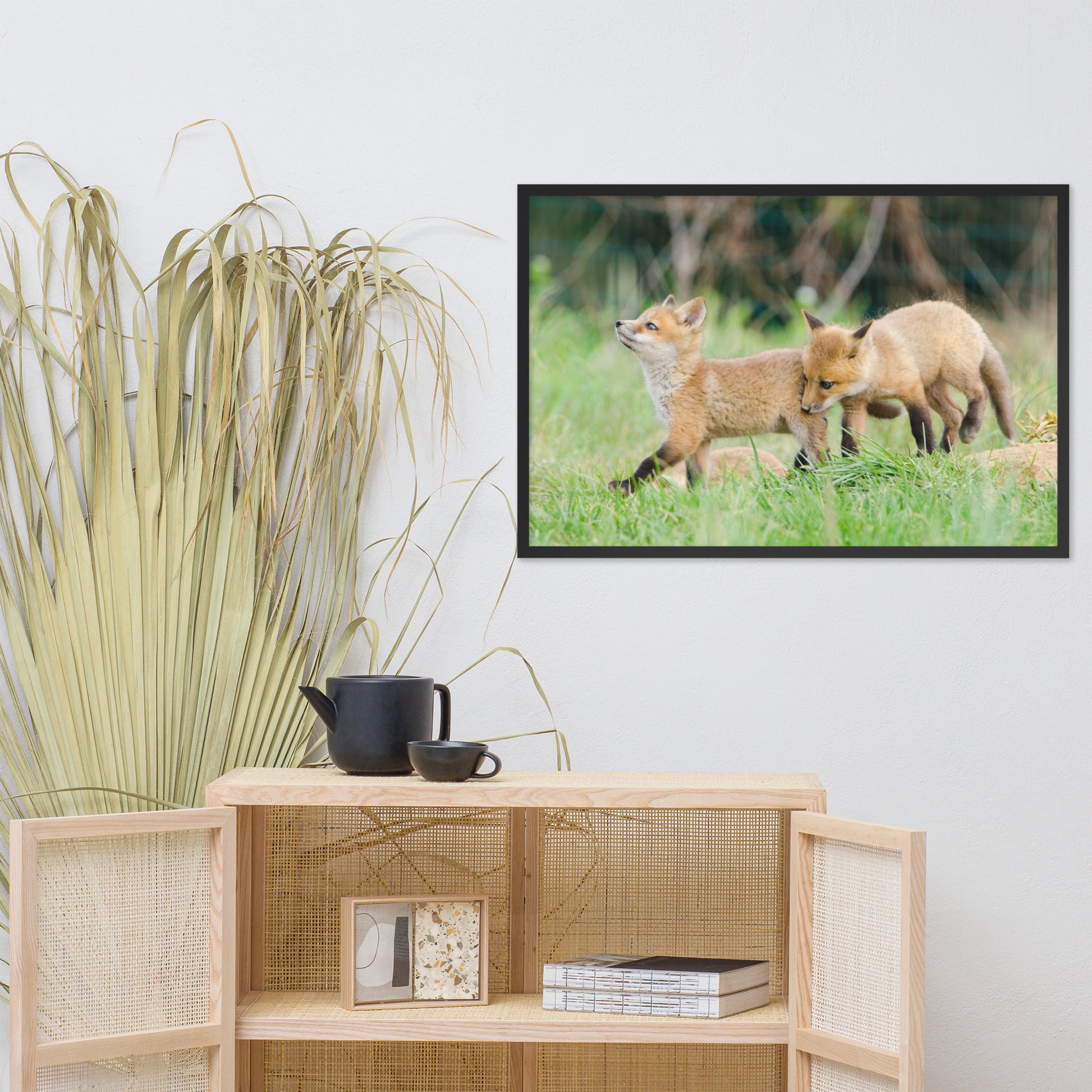 Play Room Wall Art: Playful Baby Red Fox Pups In Field - Animal / Wildlife / Nature Artwork - Wall Decor - Framed Wall Art Print