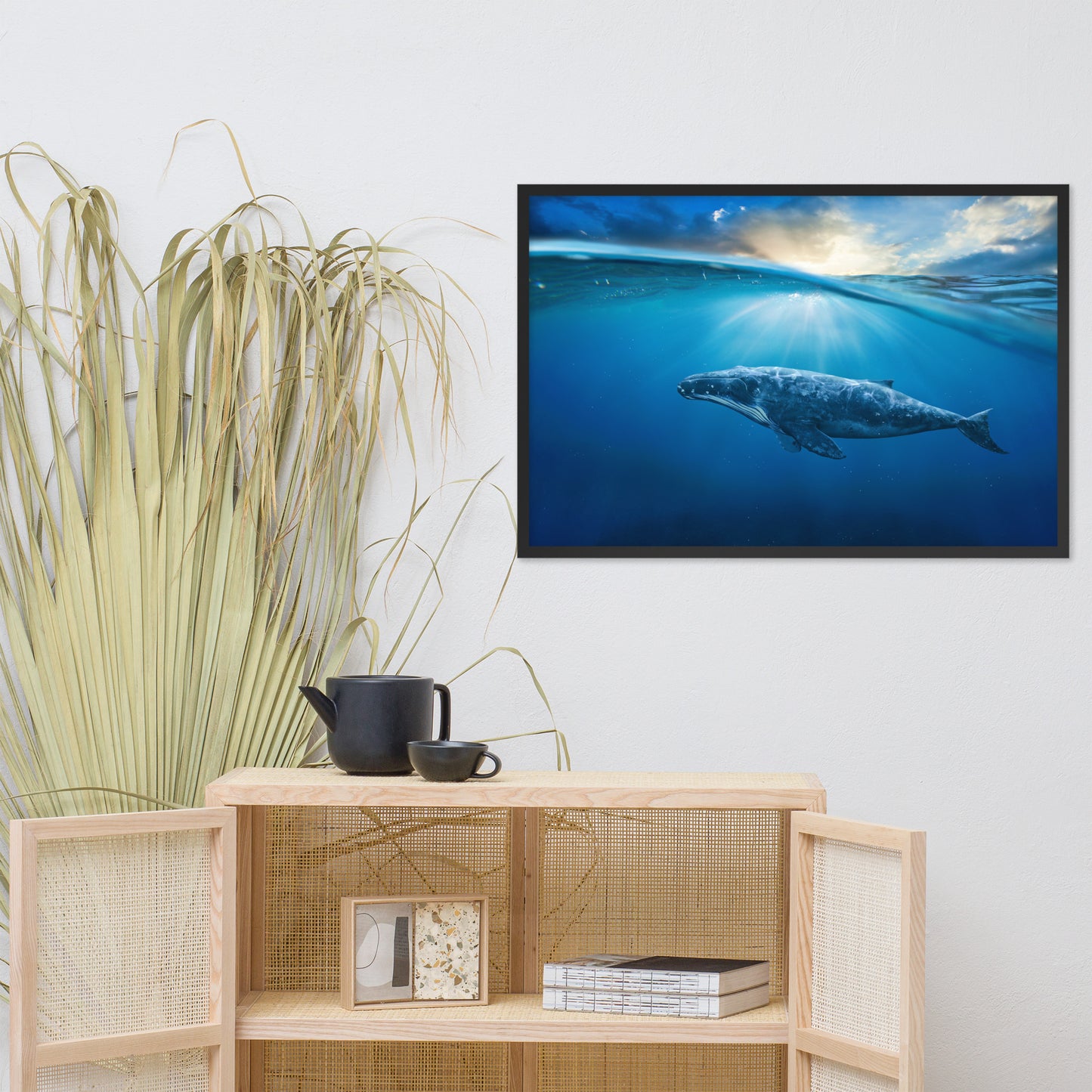 Dreamy Blue Whale Ocean Sunset Glory Rays Animal Wildlife Photograph Framed Wall Art Print