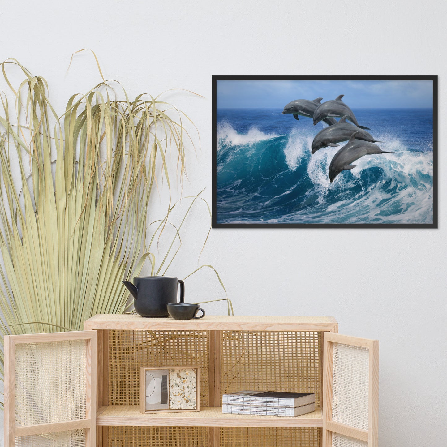 Four Bottle Noise Dolphins Jumping Waves In Tropical Blue Ocean Animal Wildlife Photograph Framed Wall Art Print