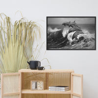 Four Bottle Noise Dolphins Jumping Waves In Tropical Ocean Black and White Animal Wildlife Photograph Framed Wall Art Print