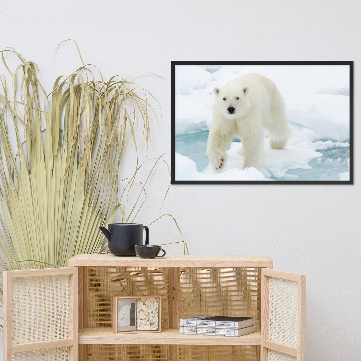 Giant White Polar Bear Walking on Icy Lake Animal Wildlife Photograph Framed Wall Art Prints