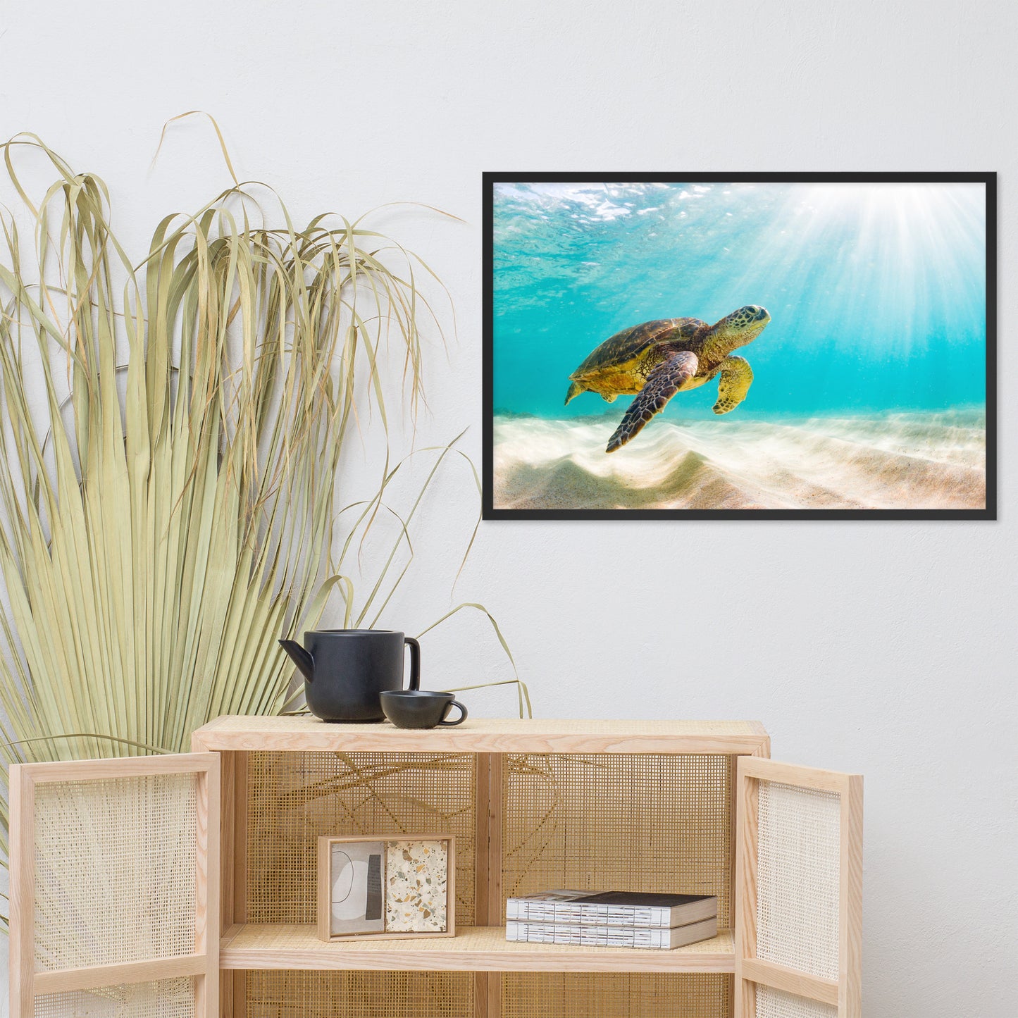 Hawaiian Green Sea Turtle in Turquoise Blue Sea and Sandbars Animal Wildlife Photograph Framed Wall Art Print