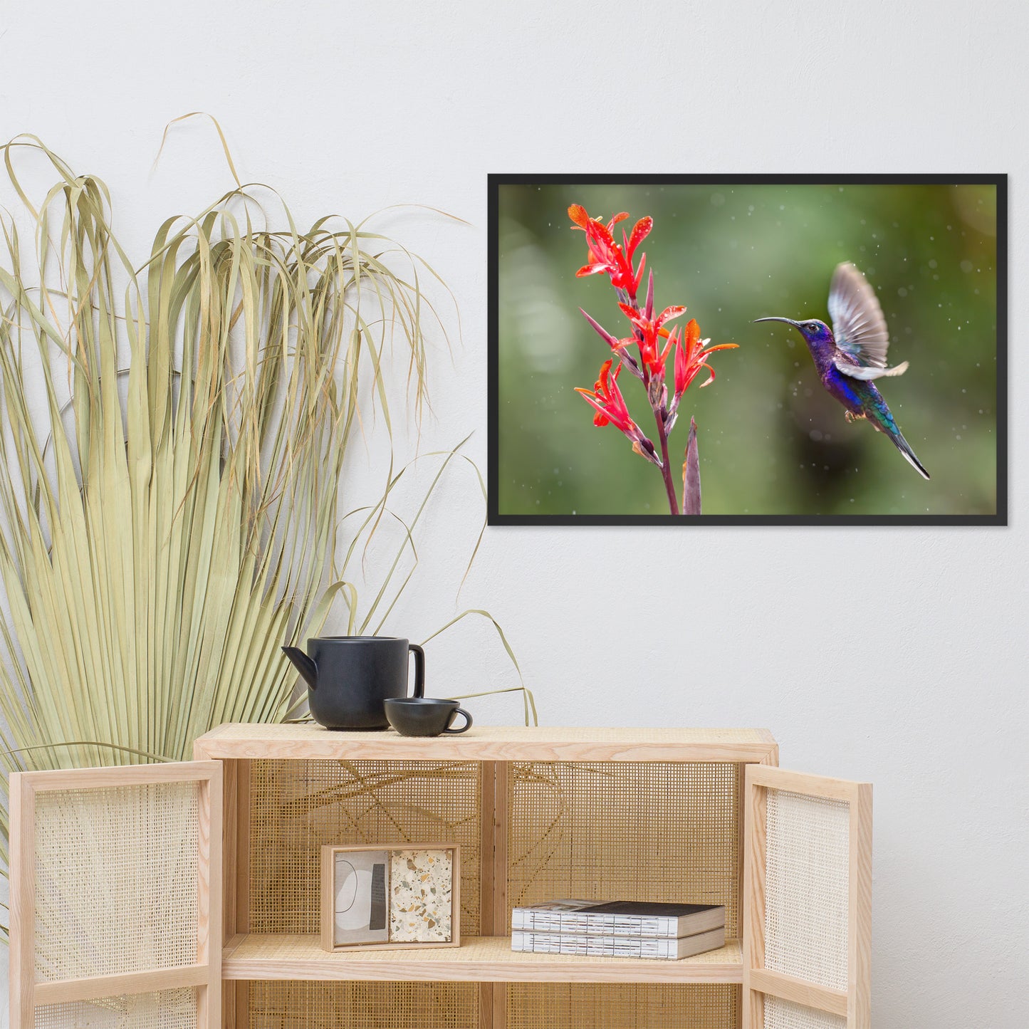 Hummingbird with Little Red Flowers Animal Wildlife Photograph Framed Wall Art Prints