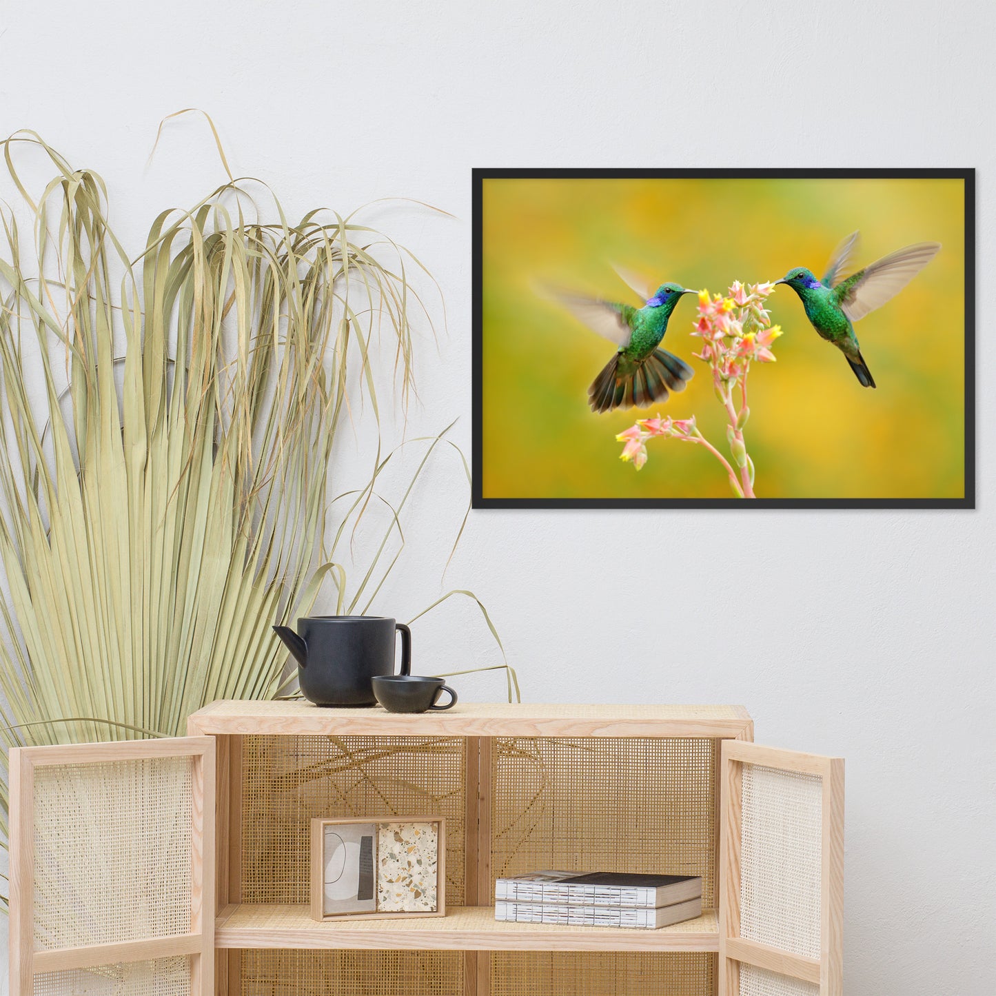 Hummingbirds with Little Pink Flowers Animal Wildlife Photo Framed Wall Art Prints