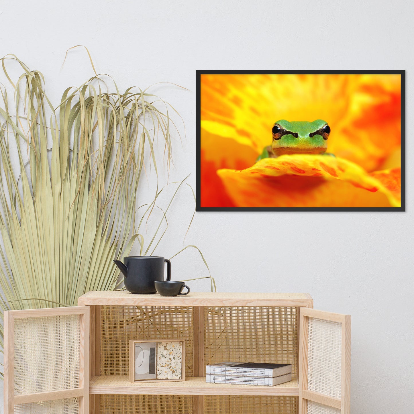 Hyla Green Frog on Yellow and Orange Flower Petals Wildlife Nature Photo Framed Wall Art Print