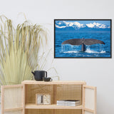 Sperm Whale Tall Splashing In Blue Water With Mountains Of Norway Animal Wildlife Photograph Framed Wall Art Print