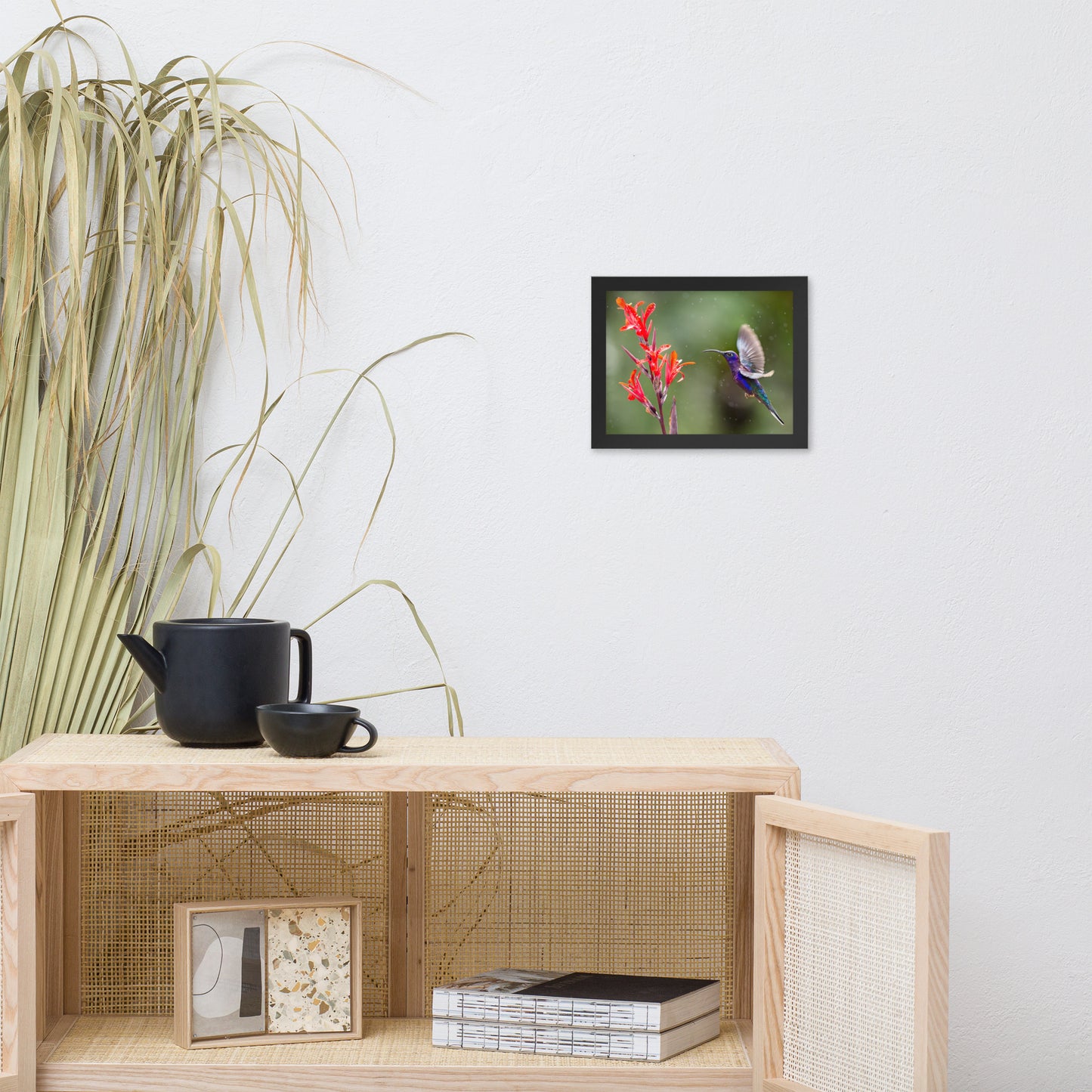 Hummingbird with Little Red Flowers Animal Wildlife Photograph Framed Wall Art Prints