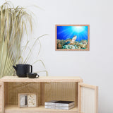 Green Sea Turtle In Tropical Coral Reef and Sunbeams Animal Wildlife Photograph Framed Wall Art Print