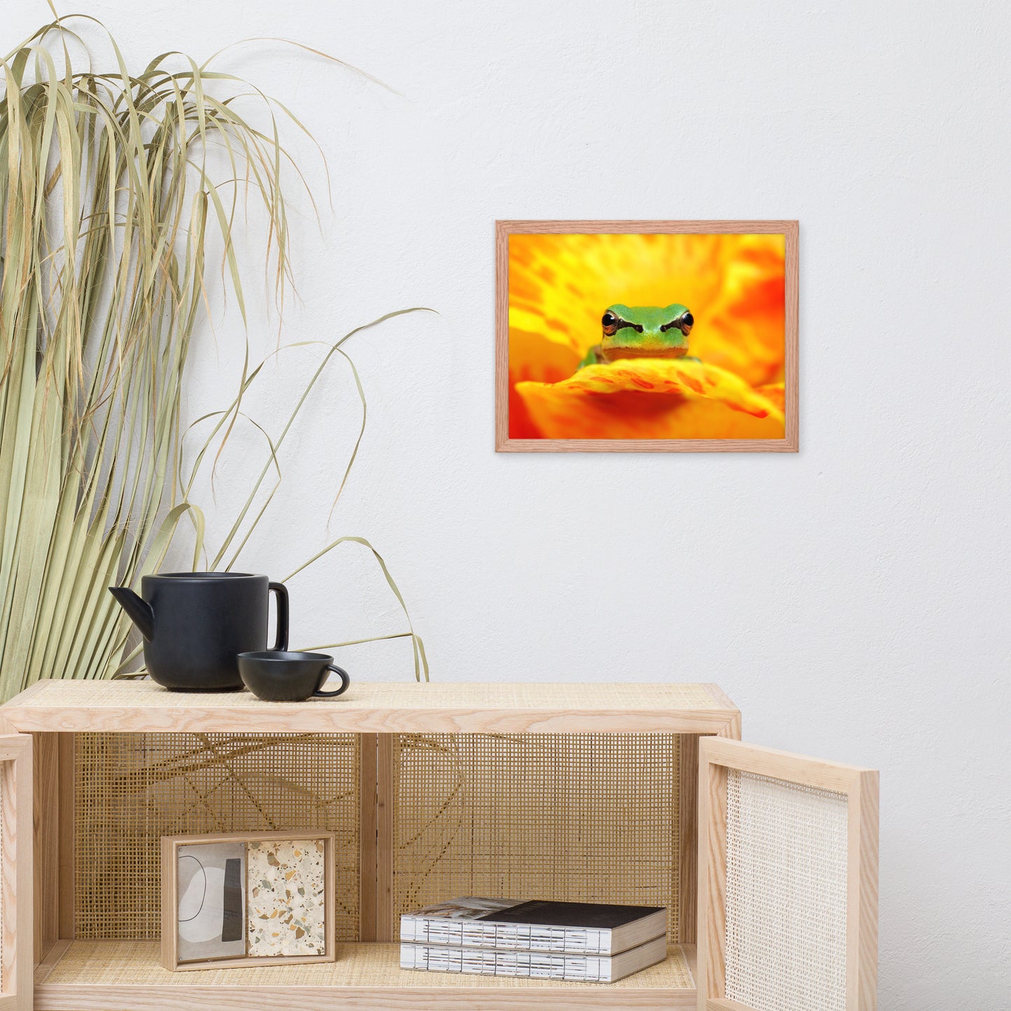 Hyla Green Frog on Yellow and Orange Flower Petals Wildlife Nature Photo Framed Wall Art Print