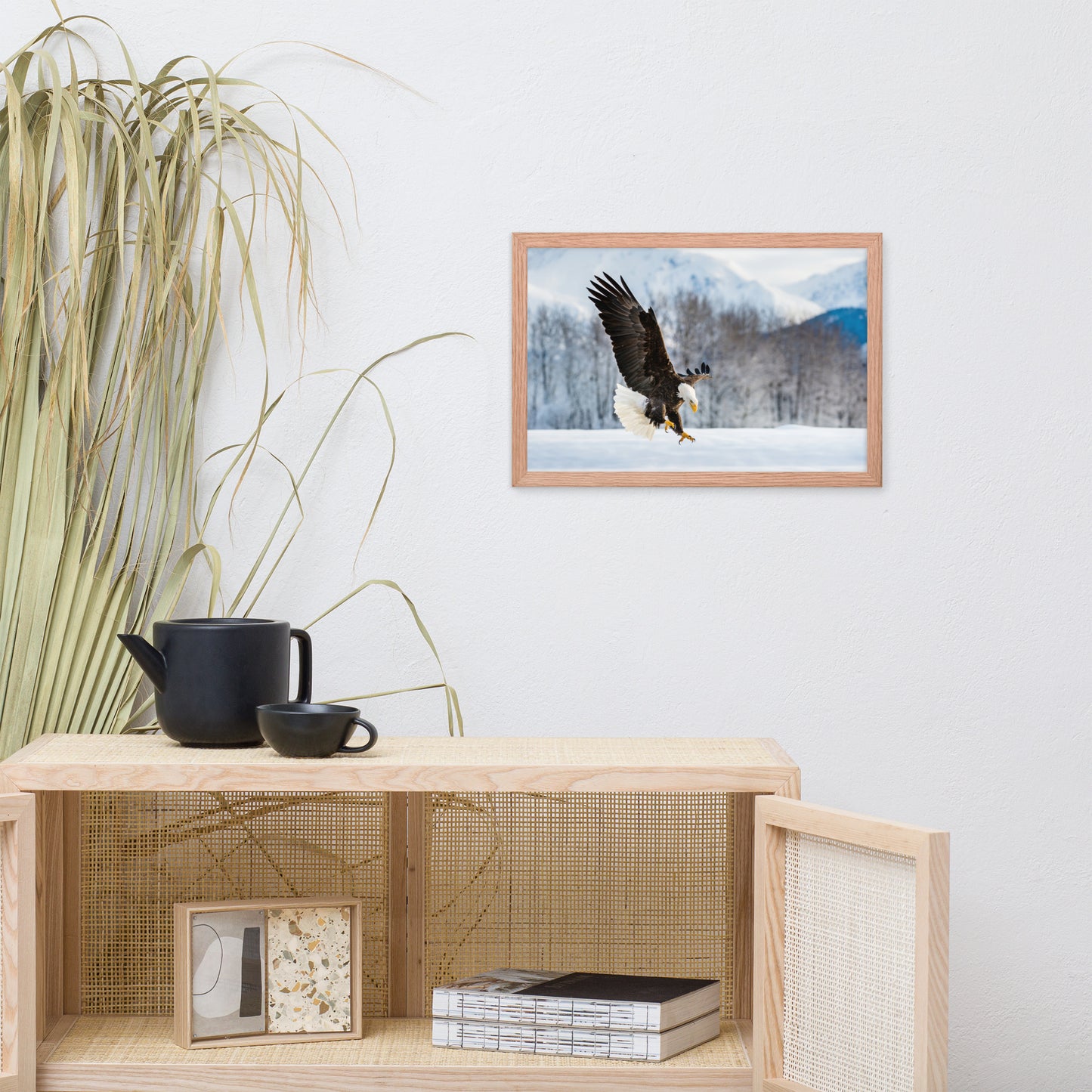 living room art above couch, Adult Bald Eagle and Alaskan Winter Animal Wildlife Photograph Framed Wall Art Print