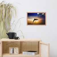 Dramatic Coastal Sunset On The Water With Jumping Bottle Noise Dolphin Animal Wildlife Photograph Framed Wall Art Print