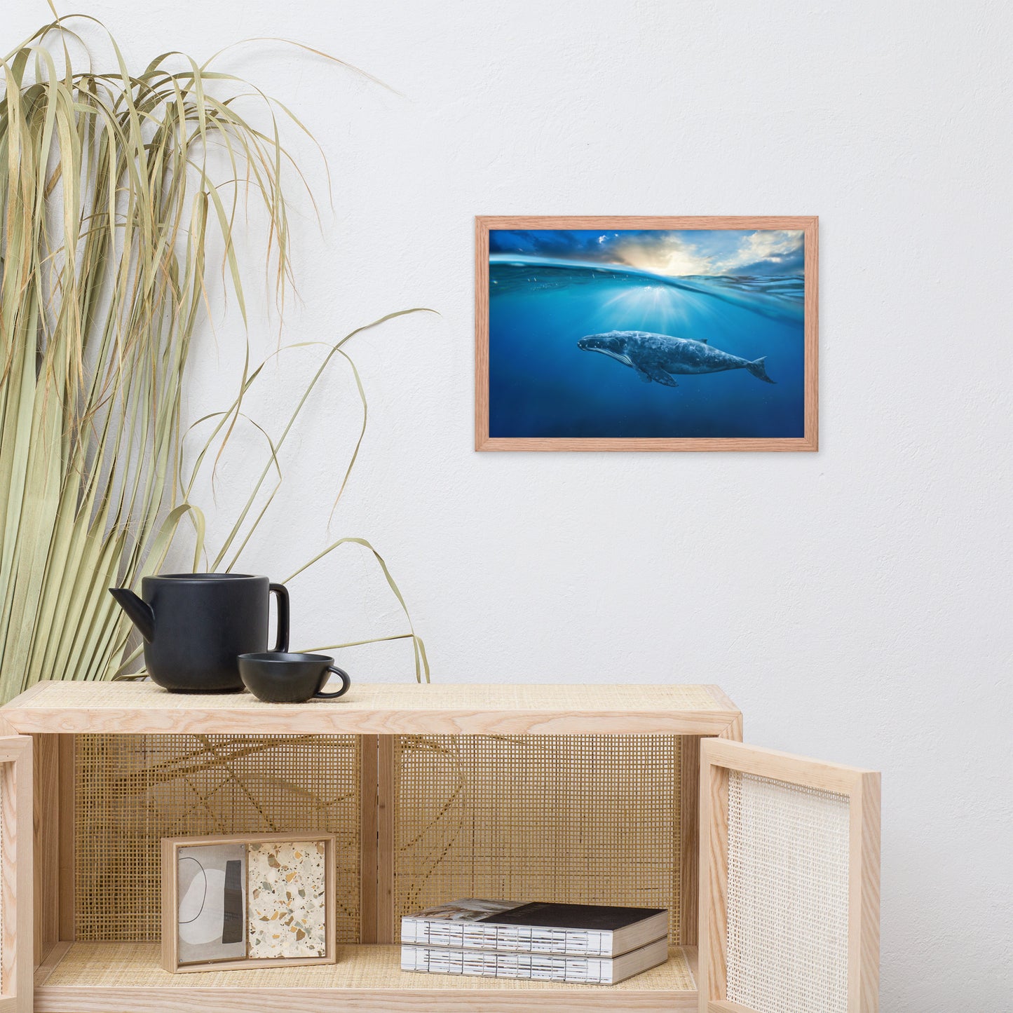 Dreamy Blue Whale Ocean Sunset Glory Rays Animal Wildlife Photograph Framed Wall Art Print