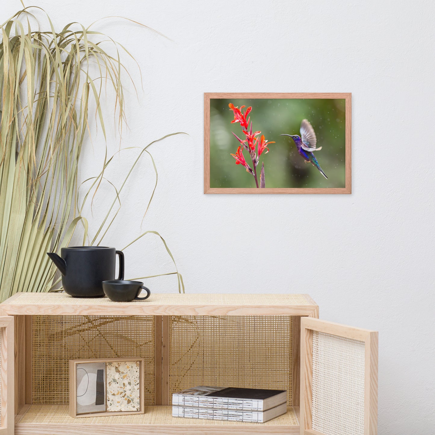 Hummingbird with Little Red Flowers Animal Wildlife Photograph Framed Wall Art Prints