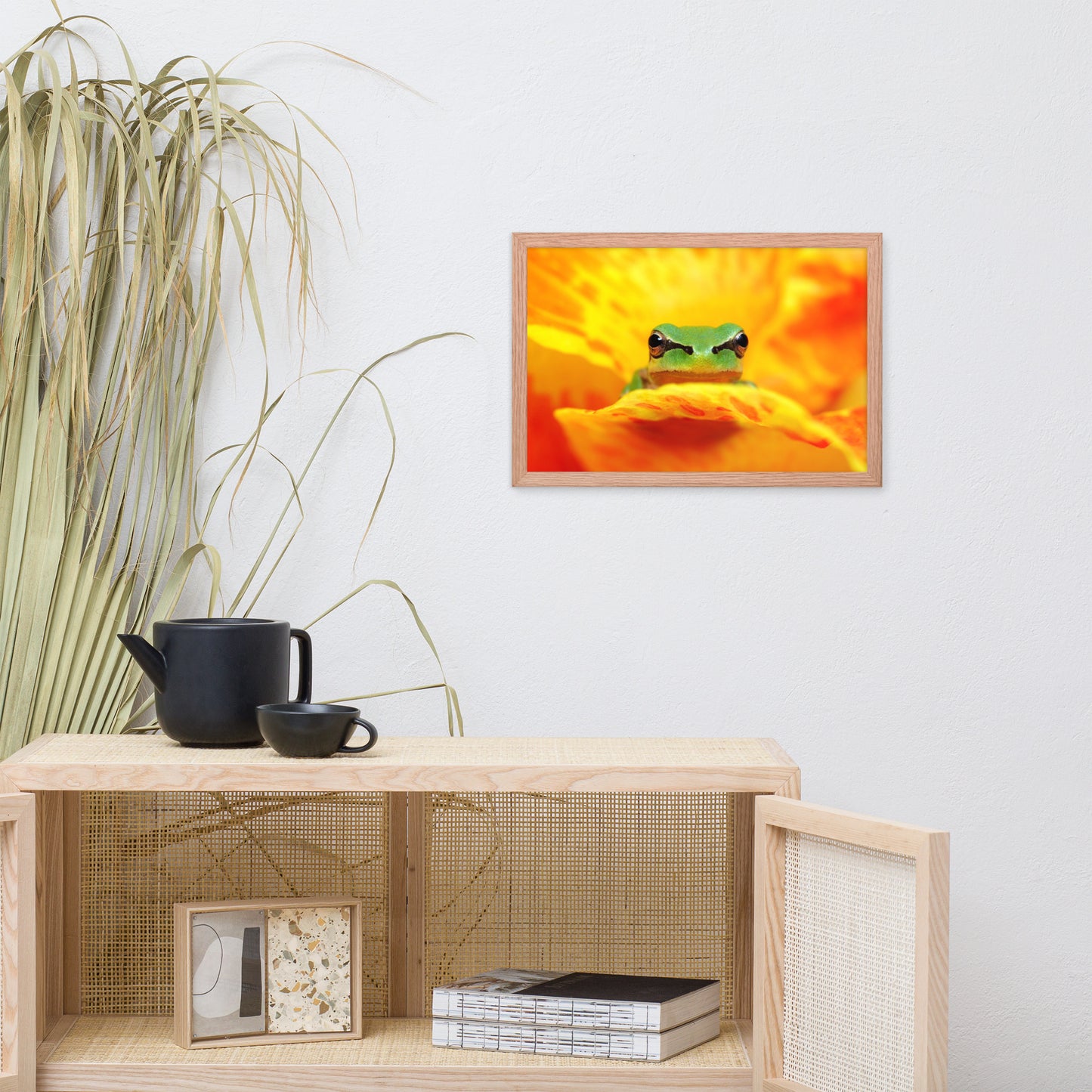 Hyla Green Frog on Yellow and Orange Flower Petals Wildlife Nature Photo Framed Wall Art Print