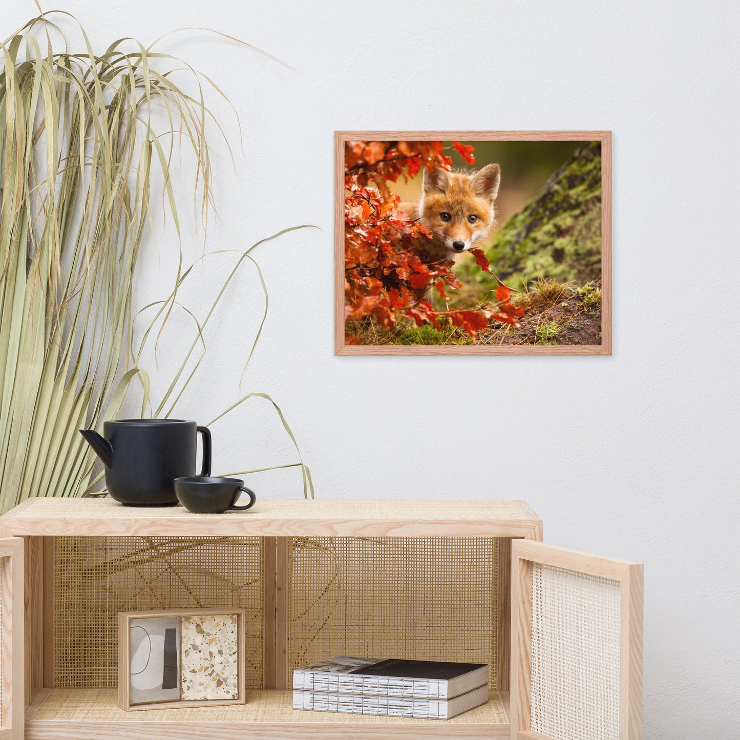Framed Animal Prints For Nursery: Peek-A-Boo Baby Fox Pup And Fall Leaves - Animal / Wildlife / Nature Artwork - Wall Decor - Framed Wall Art Print