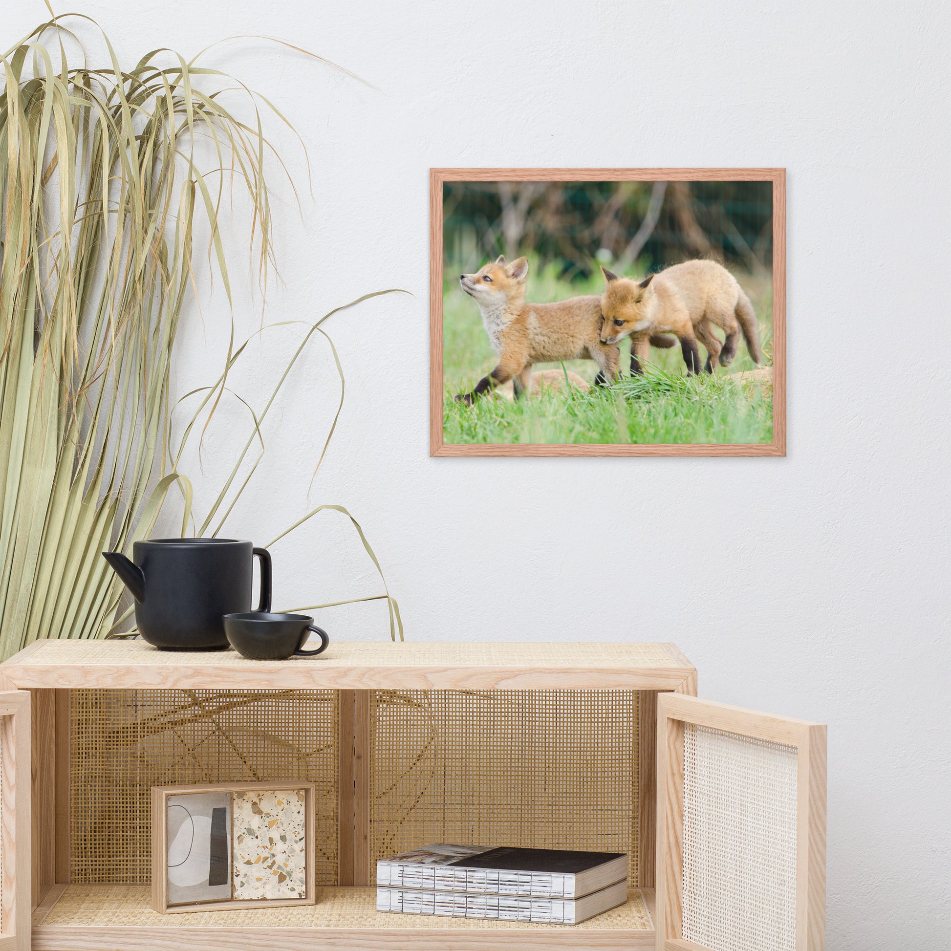 Playroom Art Prints: Playful Baby Red Fox Pups In Field - Animal / Wildlife / Nature Artwork - Wall Decor - Framed Wall Art Print