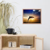 Dramatic Coastal Sunset On The Water With Jumping Bottle Noise Dolphin Animal Wildlife Photograph Framed Wall Art Print