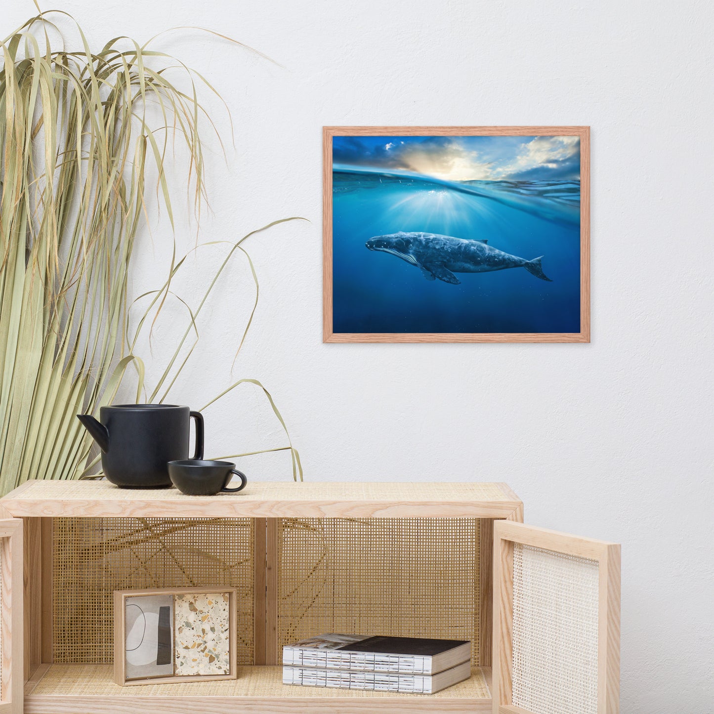 Dreamy Blue Whale Ocean Sunset Glory Rays Animal Wildlife Photograph Framed Wall Art Print