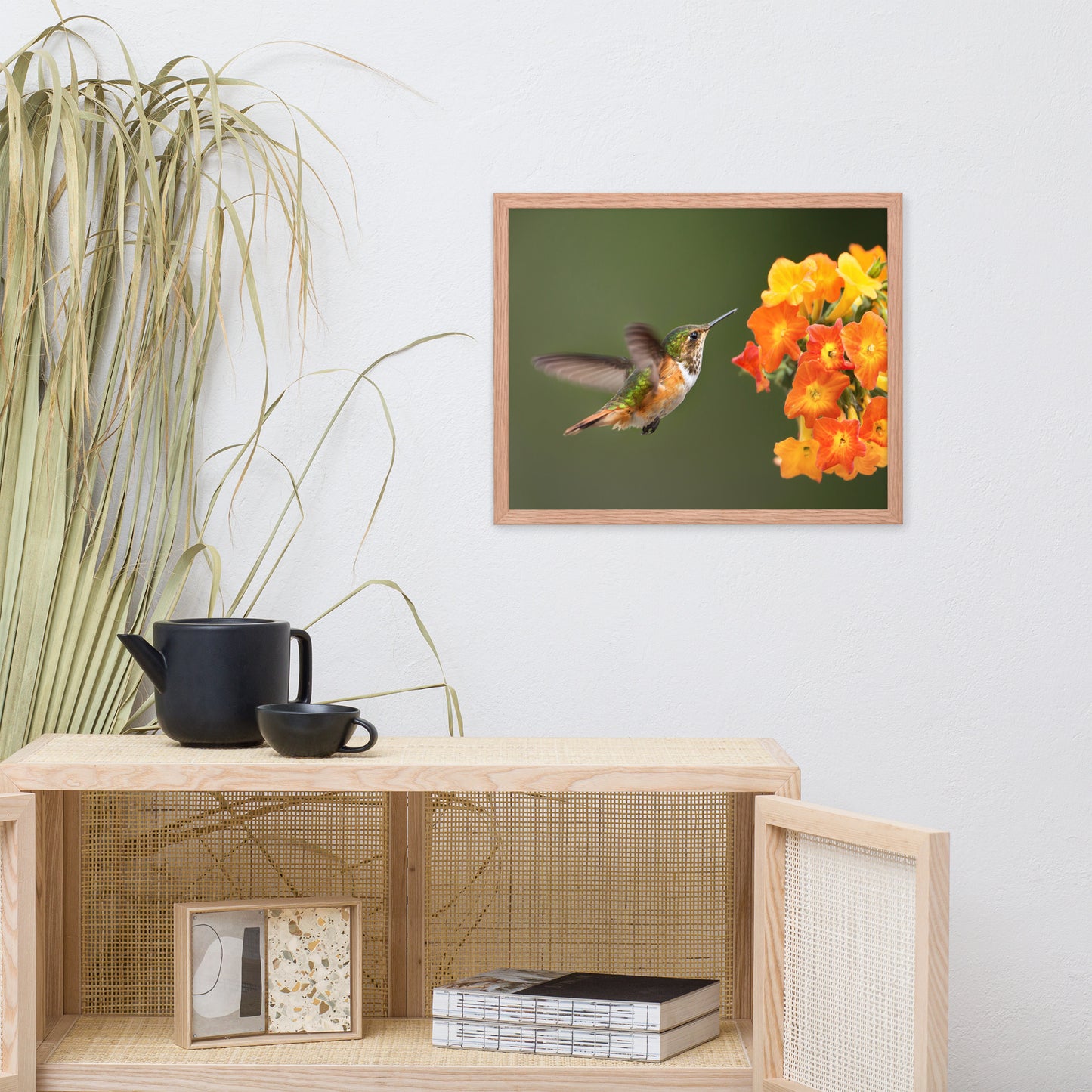 Hummingbird with Little Yellow-Orange Flowers Animal Wildlife Photograph Framed Wall Art Prints