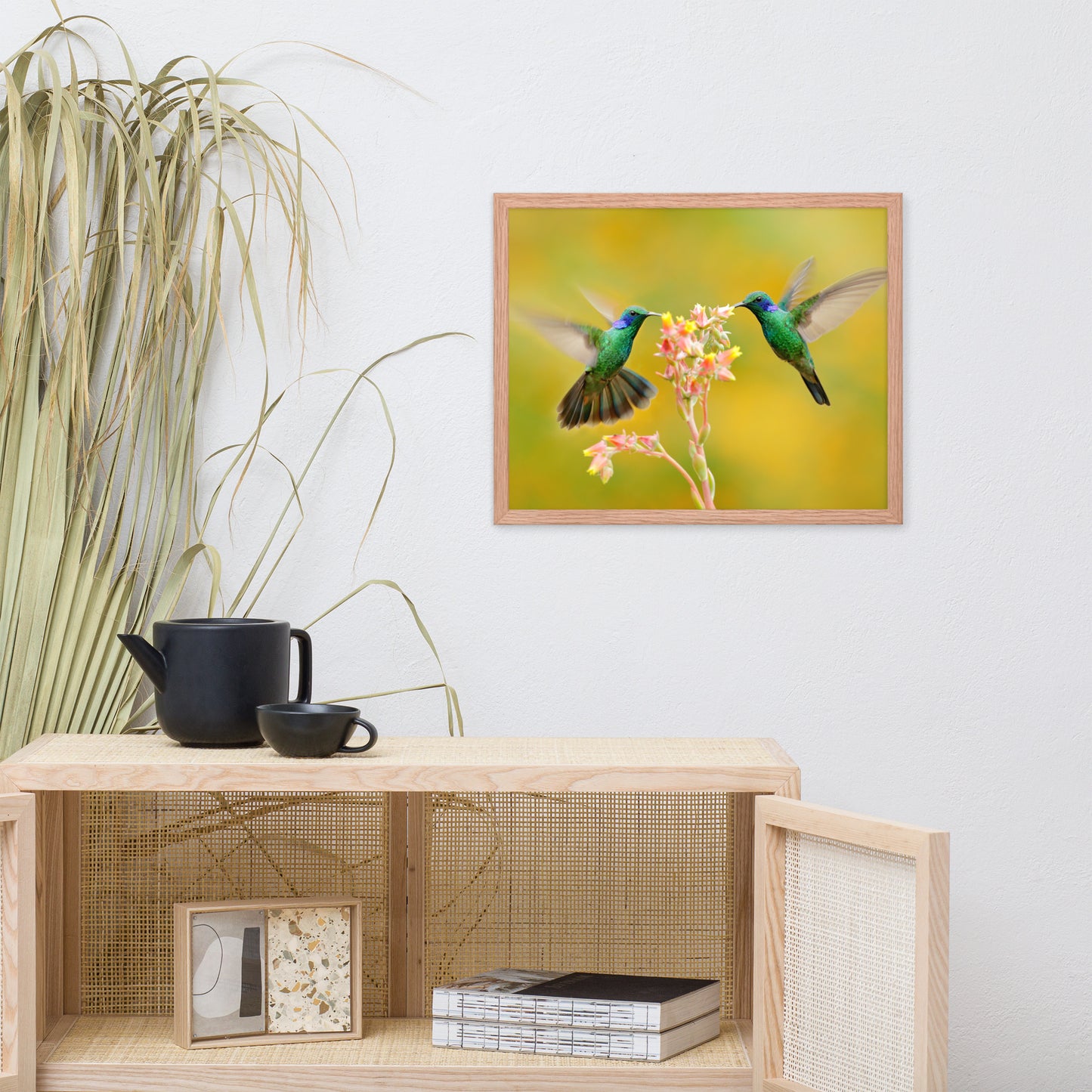 Hummingbirds with Little Pink Flowers Animal Wildlife Photo Framed Wall Art Prints