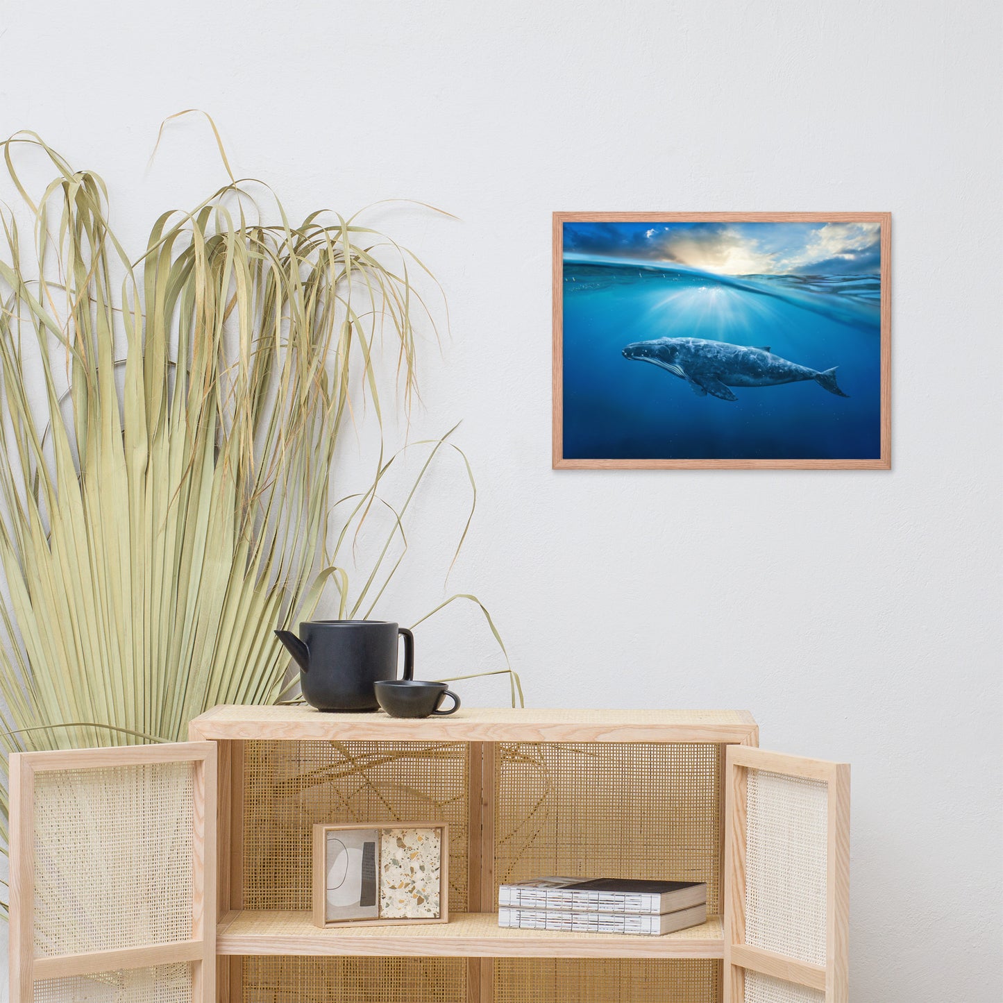 Dreamy Blue Whale Ocean Sunset Glory Rays Animal Wildlife Photograph Framed Wall Art Print